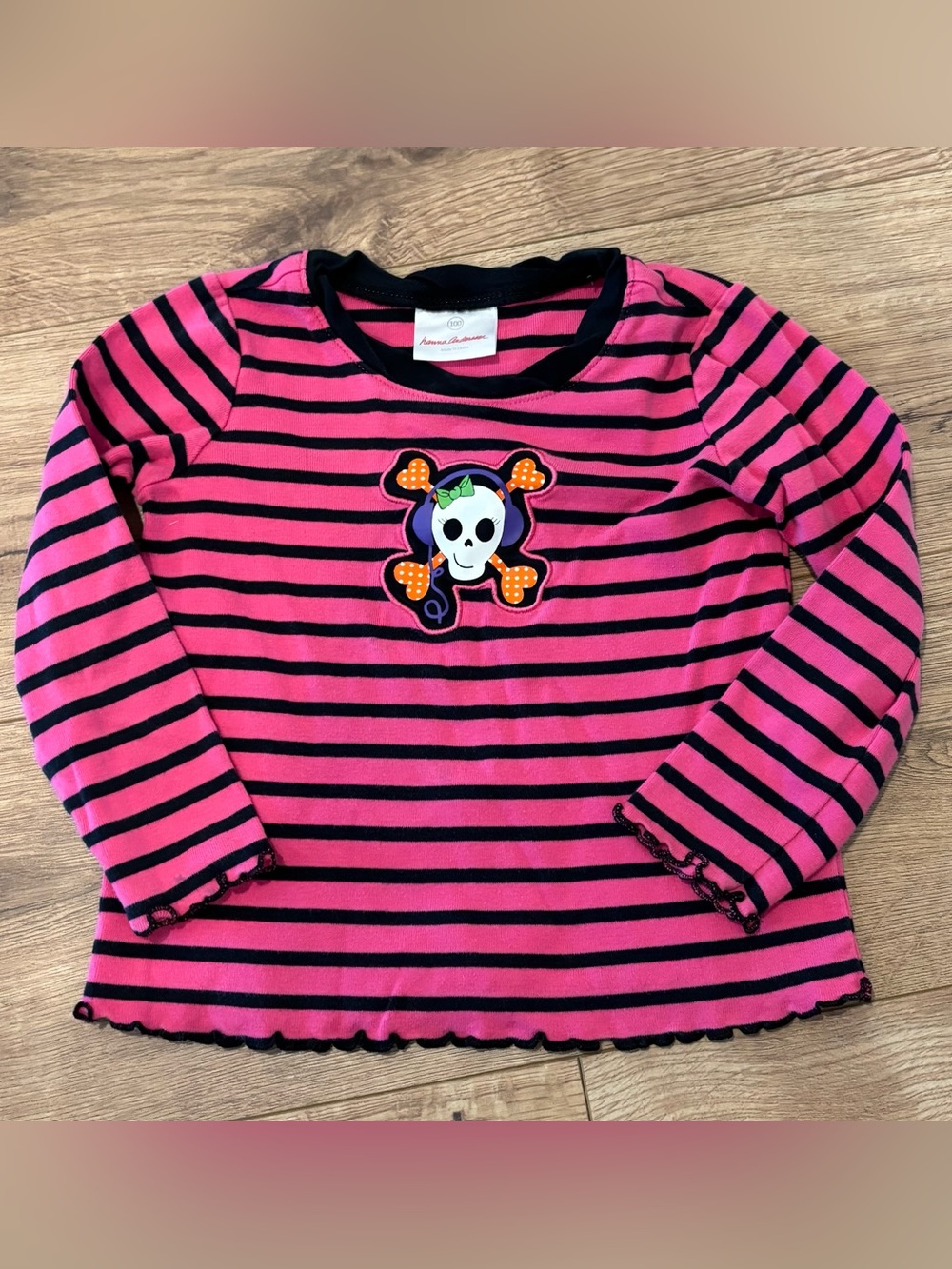 Hanna Andersson Pink Black Stripe Long Sleeve Shirt Lettuce Hem Skull Girl 4T